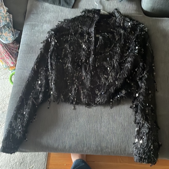 Black Glittery/Sequin Mock Neck Long Sleeve Crop Top - Picture 2 of 3